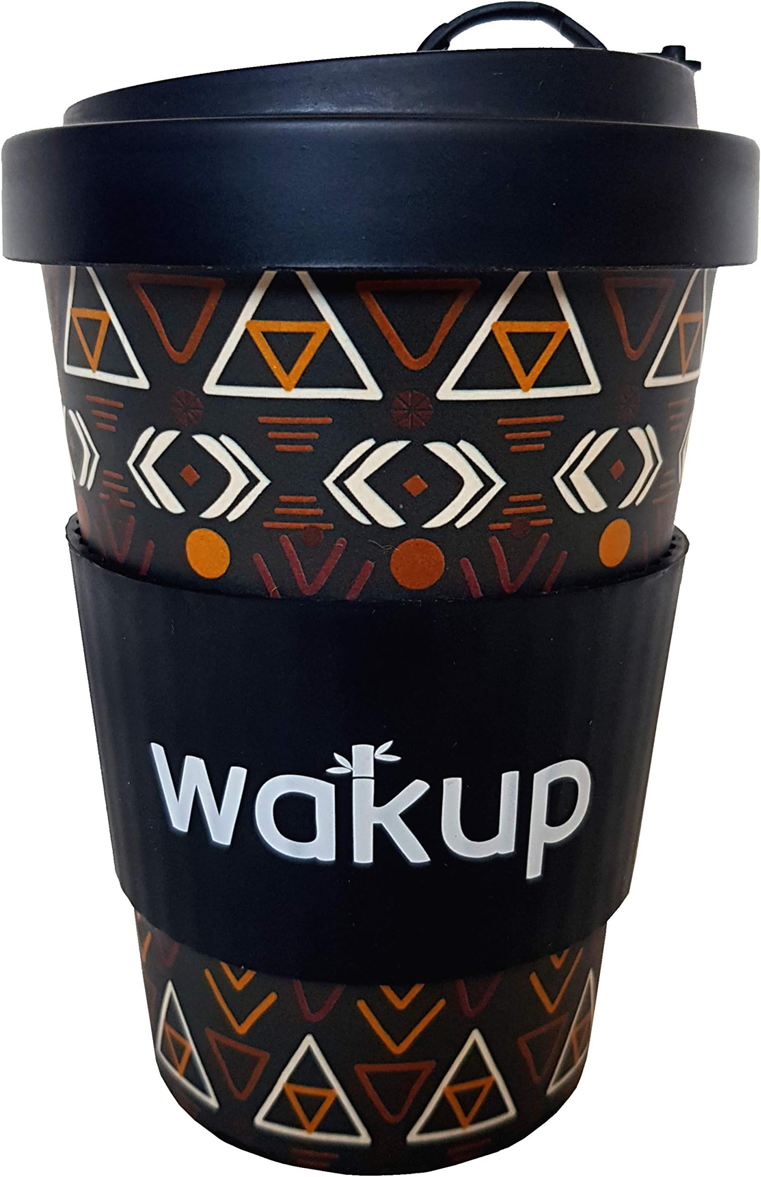 Wakup Reusable Bamboo Coffee Cup - Eco-Friendly & Plastic Free - Leak-Proof Bamboo Screw-Cap Lid - 460ml/16oz - Black Tribal Pattern - Ideal Travel Mug