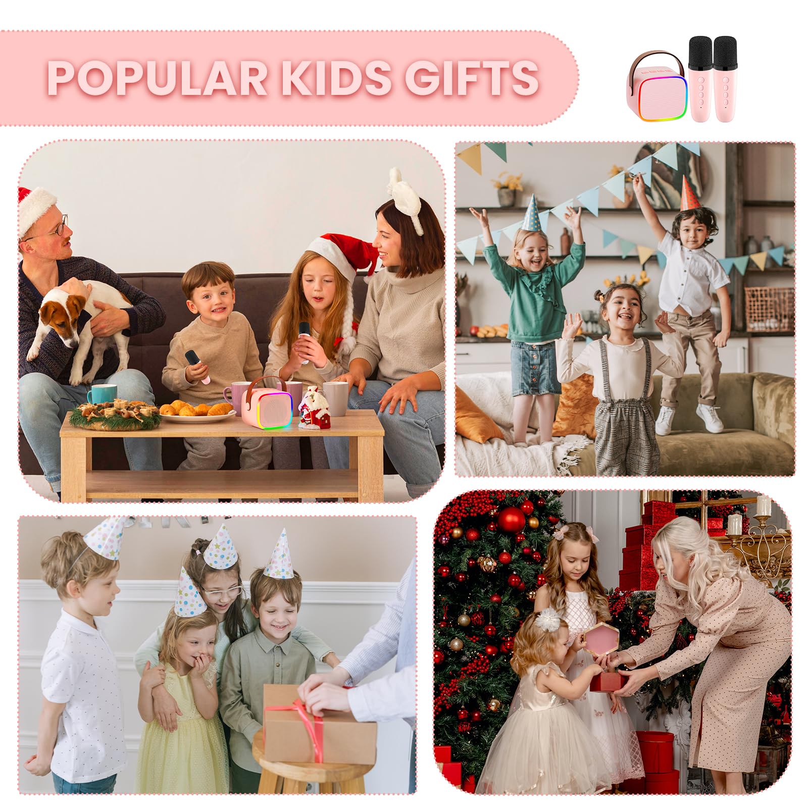 BONAOK Microphone Karaoke Machine 2 Microphones, Bluetooth Karaoke Machines for Children Adults, Portable Karaoke Player Microphone for Charging, Children's Electronic Toy (Pink)