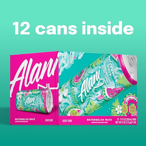 ALANI NU WATERMELON WAVE SUGAR FREE, LOW CALORIE ENERGY DRINKS | 200MG CAFFEINE | BIOTIN B VITAMINS | ZERO SUGAR | 10 CALORIES | 12 FL OZ CANS | 12 PACK