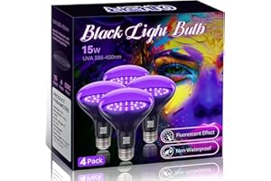 PIZHLO 4 Pcs 15W LED Black Light Bulbs, BR30 E26 Black Shell Blacklight LED Bulb, 385-400nm, Glow in The Dark for Blacklight Party, Body Paint, Fluorescent Poster, Halloween Decoration,Non-Waterproof