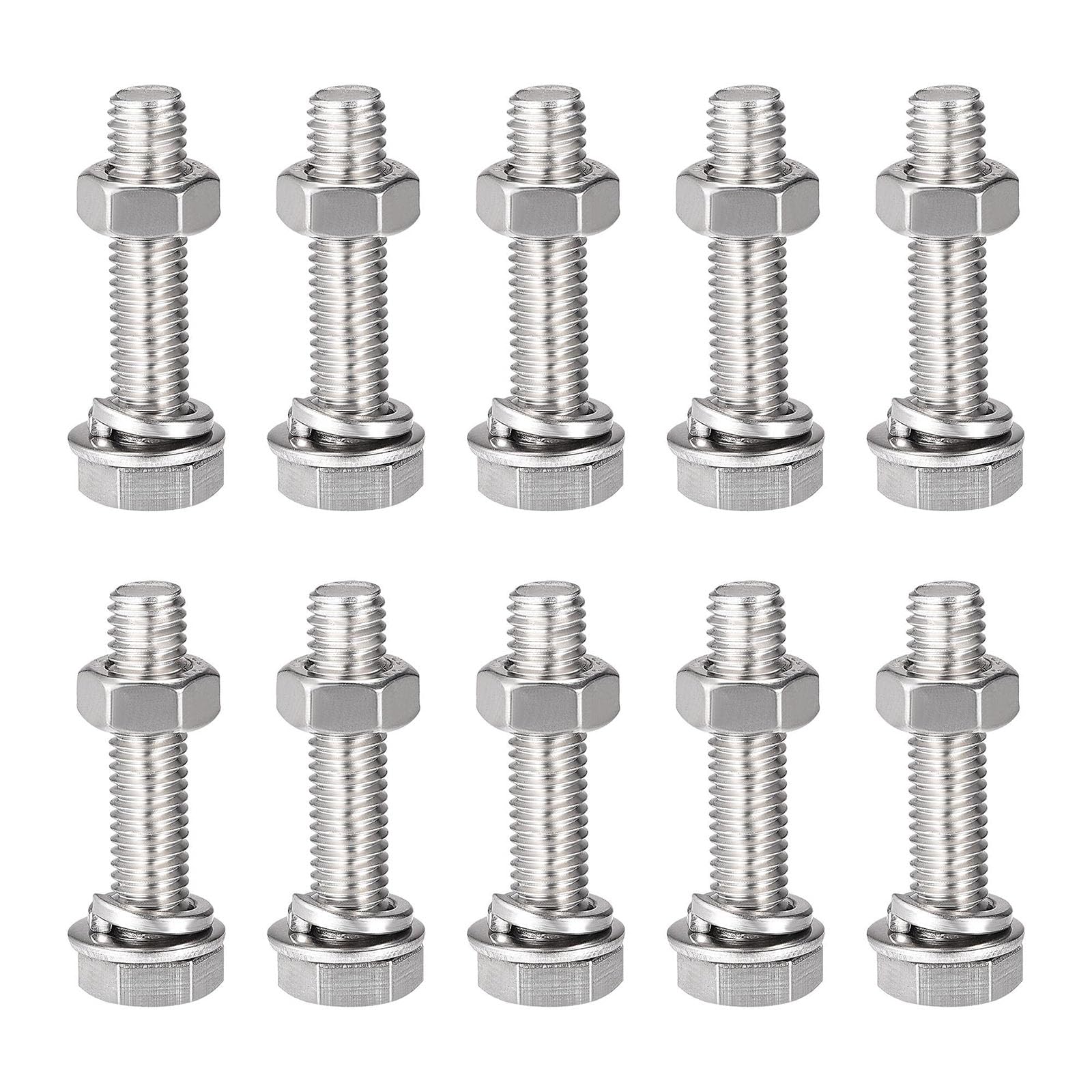 TOP-VIGOR 10Pcs M8 x 35mm Hex Head Screws Bolts, Nuts, Flat & Lock Washers Kits, 304 Stainless Steel Fully Thread Hexagon Bolts for DIY Bike Motorcycles Repair