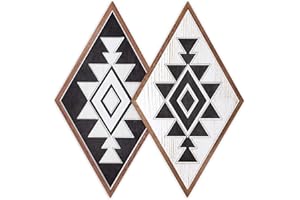 Putuo Decor 2 Pieces Aztec Wall Decor, 17x 9 Inch Geometric Diamond Western Wood Wall Decor, Vintage Farmhouse Decors Aztec Signs Wall Art for Living Room Bedroom Office Home