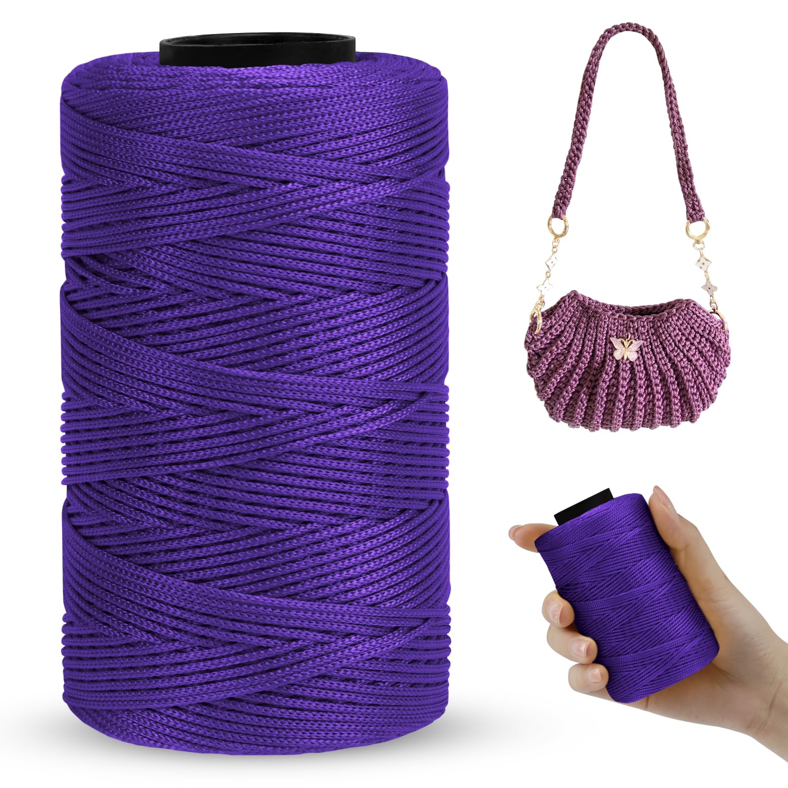 LEREATI Polyester Macrame Cord 1mm x 230m, Polyester Yarn for Crocheting, Braided Polypropylene Crochet Bag Cord Macrame Yarn for Handbag, Beading, DIY Crafts (Deep Purple)