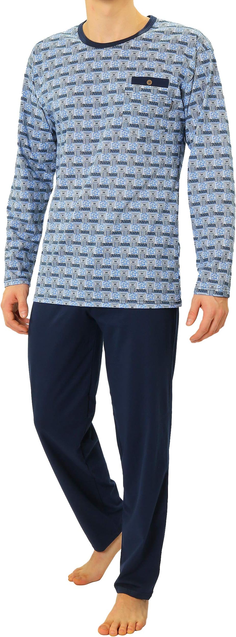 Sesto Sensoยฎ Mens Pjs Set 100% Cotton Pyjama Long Sleeve Top & Pants Checked Sleepwear Nightwear