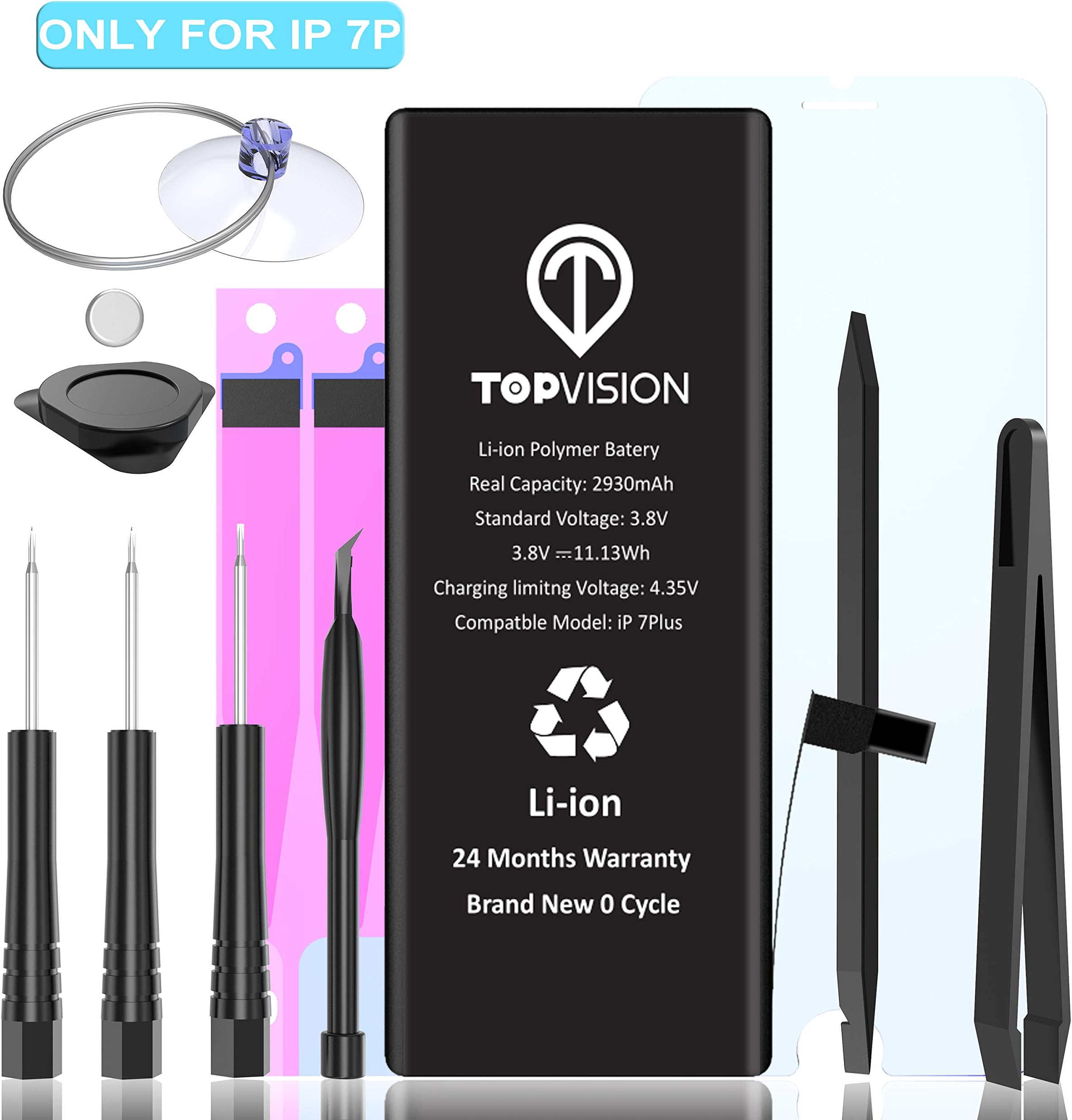 TOPVISION Battery Campatible with IP 7, 0 Cycle of 1960 mAh Replacement Battery for Ip7,with Repair Tool Kits & Instructions and Screen Protector [24-Month Warranty] …