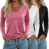 Ficerd 3 Pack Women's Long Sleeve T Shirts, V Neck Basic Tops Fall Casual Trendy Tees Loose Fit Soft Clothes Outfits