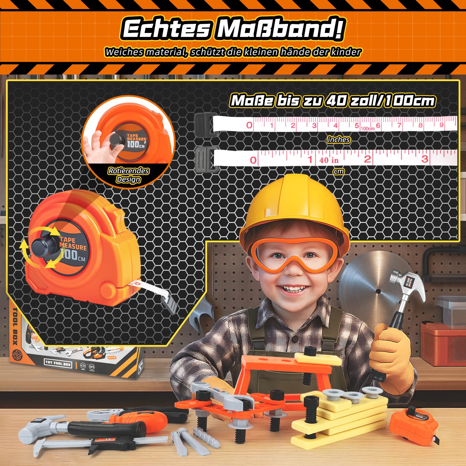 Charmofun Werkzeugkoffer Kinder, Werkzeug Set Kinder mit MotorsäGe & Elektrische Bohrmaschine & Winkelschleifer, Rollenspiel Spielzeug Ab 3 4 5 6 7 8 Jahre Jungen MäDchen (50 Pieces) 5