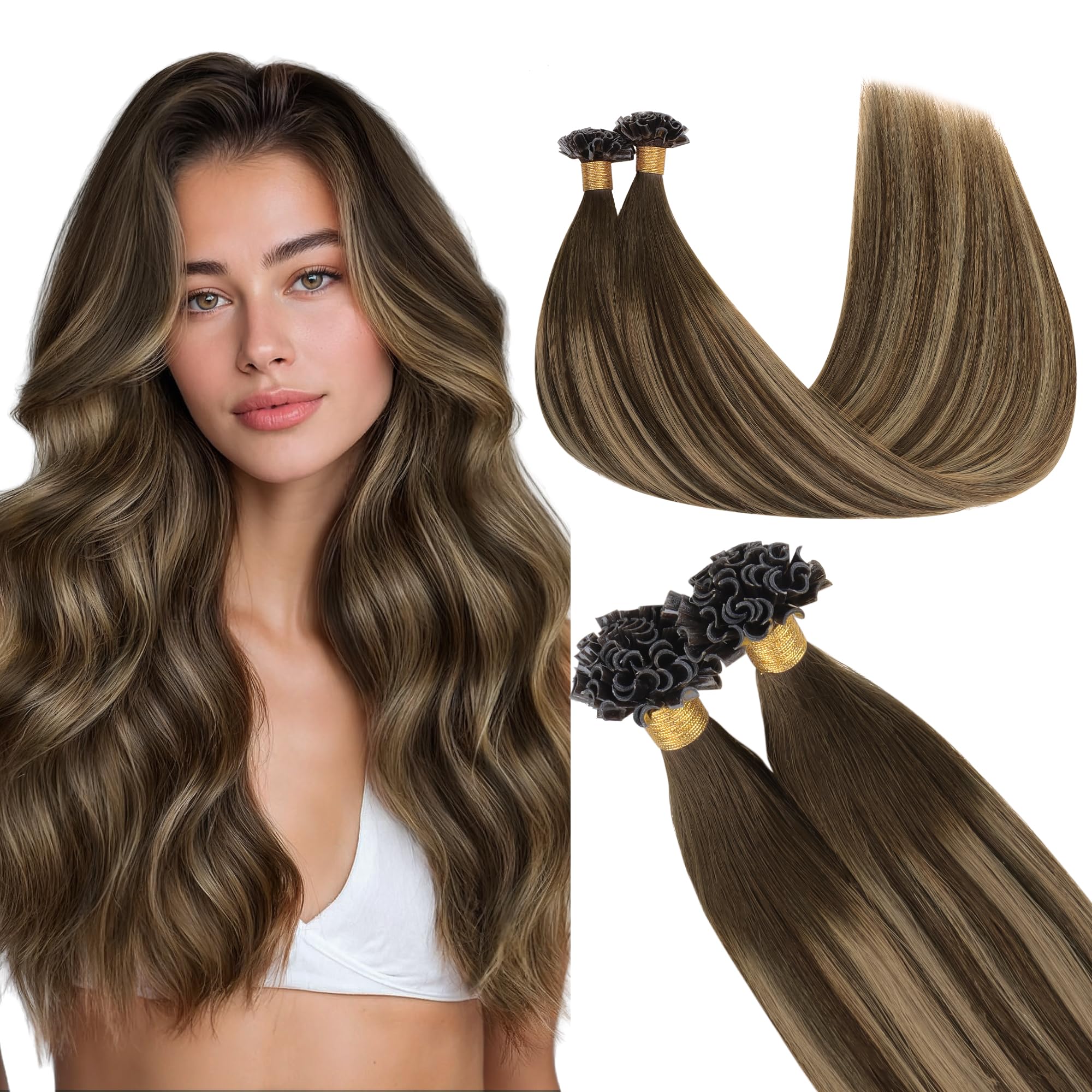 GOO GOO U Tip Hair Extensions Real Human Hair,Balayage Chocolate Brown to Caramel Blonde 50g 22inch 50 Strands Hot Fusion Keratin Hair Extensions, Straight — image 1