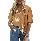 Vivilli Womens Summer Boho Tops Casual V Neck Short Sleeve Blouses Floral Print Shirt Tie Front Flowy Vacation Clothes