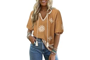 Vivilli Womens Summer Boho Tops Casual V Neck Short Sleeve Blouses Floral Print Shirt Tie Front Flowy Vacation Clothes