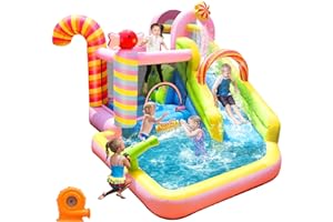 NBSPORT Inflatable Bounce House Water Slide, 6 in 1 Sweet Candy Water Park, Wet Dry Combo Bouncy Castle with 450W Blower, Splash Pool, Water Slide for Kids and Adults Backyard Party Gifts