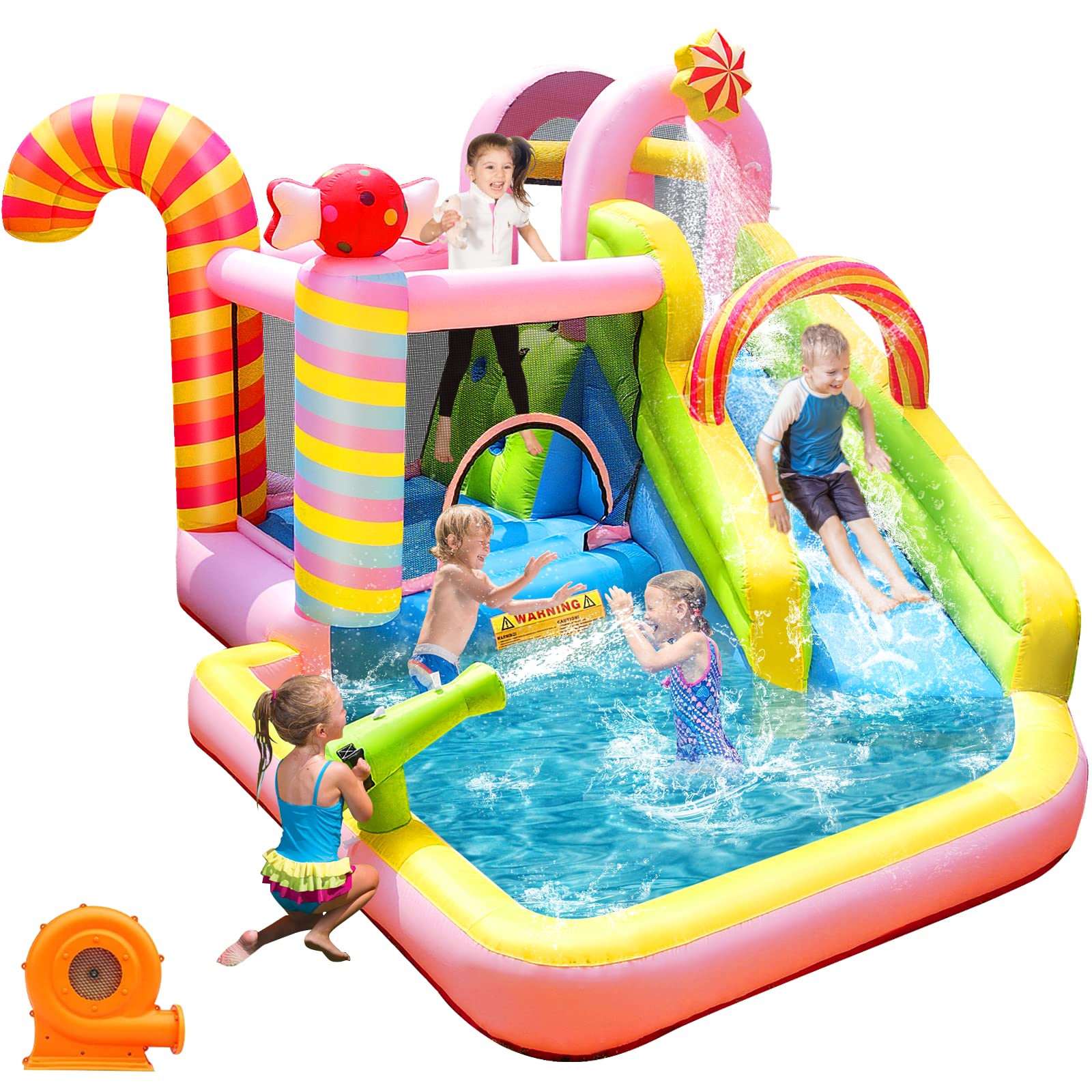 Photo 1 of NBSPORT Inflatable Bounce House Water Slide, 6 in 1 Sweet Candy Water Park, Wet Dry Combo Bouncy Castle with 450W Blower, Splash Pool, Water Slide for Kids and Adults Backyard Party Gifts