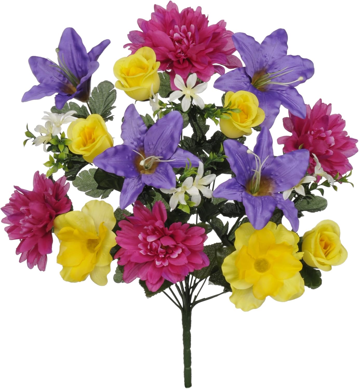 Amazon Com House Of Silk Flowers Artificial 22 Inch Yellow Purple Fuchsia Dahlia Tiger Lily Rose Bush X6 Home Kitchen