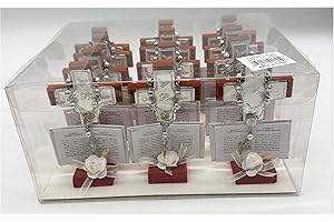 RBN 12 PCS Mini Wooden Cross Baptism Decorations Catholic Wood Cross with Base and Artificial Flowers Fake Roses communion favors, wedding mini rosaries Bridal Shower Baptism Decor (White)