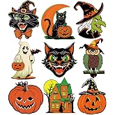 Large Vintage Halloween Decorations Double-Sided Halloween Cutouts Retro Halloween Spooky Ghost Pumpkin Witch Cat Cutouts for Trick or Treat Holiday Party Window Wall Decor(9PCS)