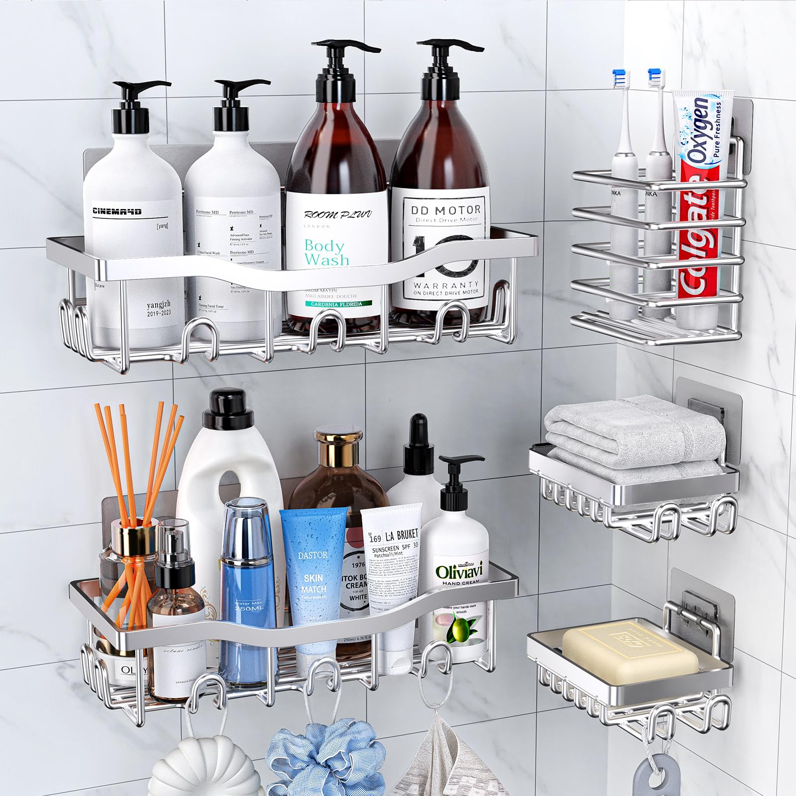 PKBD Rustproof Stainless Steel Shower Caddy 5 Pack, Bathroom Storage Accessory Shelf Organiser No Drilling Hanging, Soap Toothbrush Holder Set, Kitchen Wall Mounted Corner Decor, Silver