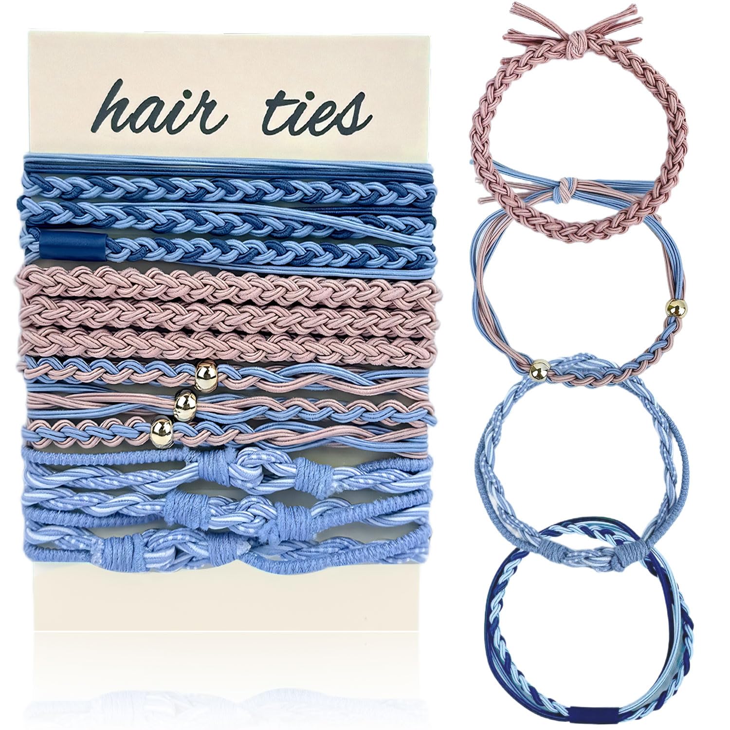 Pack of 12 Boho Hair Ties, Boho Hair Bobbles for Women and Girls Stretch Ponytail Holders with Pearl Elastic Hair Ties Bracelets for Thin Hair/Thick/Medium/Long Hair(Blue and pink series)