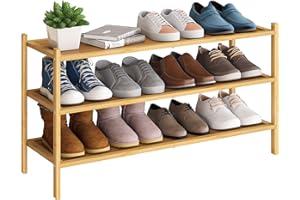 BMOSU 3-Tier Bamboo Extended Shoe Rack Premium Stackable Shoe Shelf Storage Organizer for Hallway Closet Living Room Entryway Organizer(Natural)