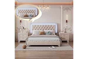 Linique 3-Pieces Bedroom Sets, Queen Size Upholstered Platform Bed Frame with LED Lights and Two Nightstands, Modern Wooden Velvet Platform Bed with Button Tufted Headboard, Beige