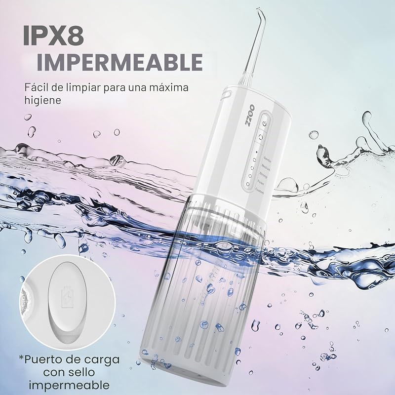 Irrigador bucal de viaje, irrigador oral de bolsillo inalámbrico, 5 modos de presión, 6 puntas de chorro, diseño compacto recargable por USB (Nube)