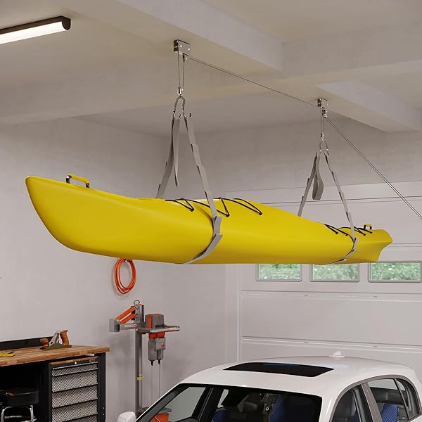RAD SPORTZ KAYAK STORAGE HOIST – OVERHEAD PULLEY SYSTEM WITH 125LB CAPACITY FOR CANOES, BIKES, LADDERS, AND MORE FOR CEILINGS UP TO 12FT (GRAY)