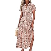 MASCOMODA Summer Maxi Dresses for Women 2026 Casual V Neck Puff Short Sleeve Smocked Flowy Beach Boho Long Floral Dress