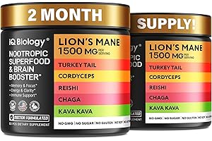 IQ BIOLOGY Kava Kava Root Cordyceps Lions Mane Reishi Mushroom Supplement, Nootropic Mushrooms Capsules Kava Kava Extract, Mushroom Vitamins for Women, Energy Mushrooms, Ashwagandha, Magnesium - 60 Caps (2 Pack)