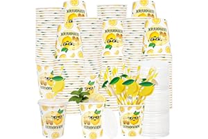 Lovarywow Lemonade Stand Party Supplies - 300PCS 9 Oz Fresh Lemonade Cups with Lids and Lemon Drinking Straws Disposable, Lem