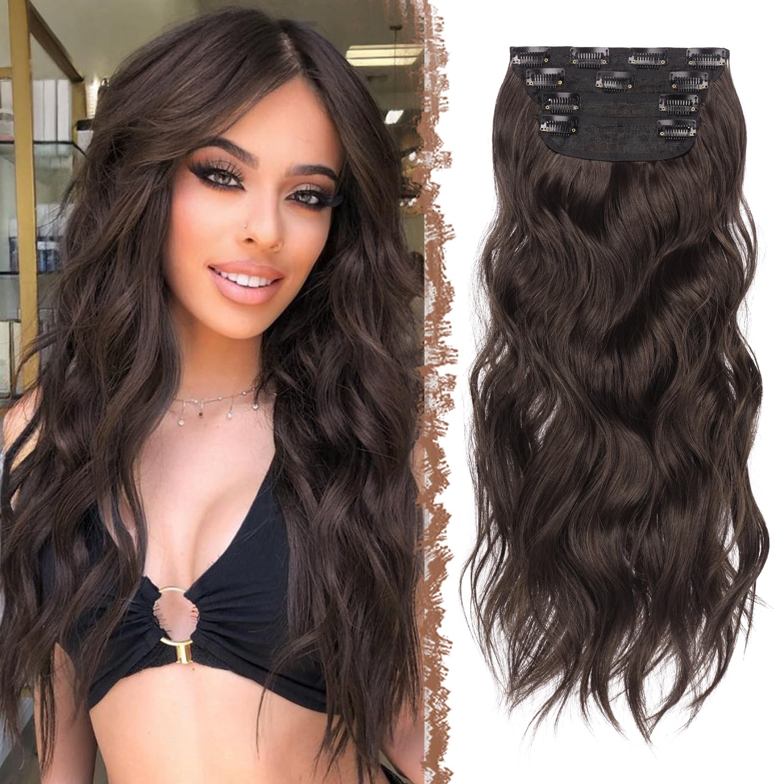 FESHFEN Clip in Hair Extensions 4PCS Chocolate Brown Mixed Dark Brown Thick Hair Piece Long Wavy Clip in Extensions Full Head Synthetic Fiber Hairpieces for Women, 20 Inch 180g โ image 1
