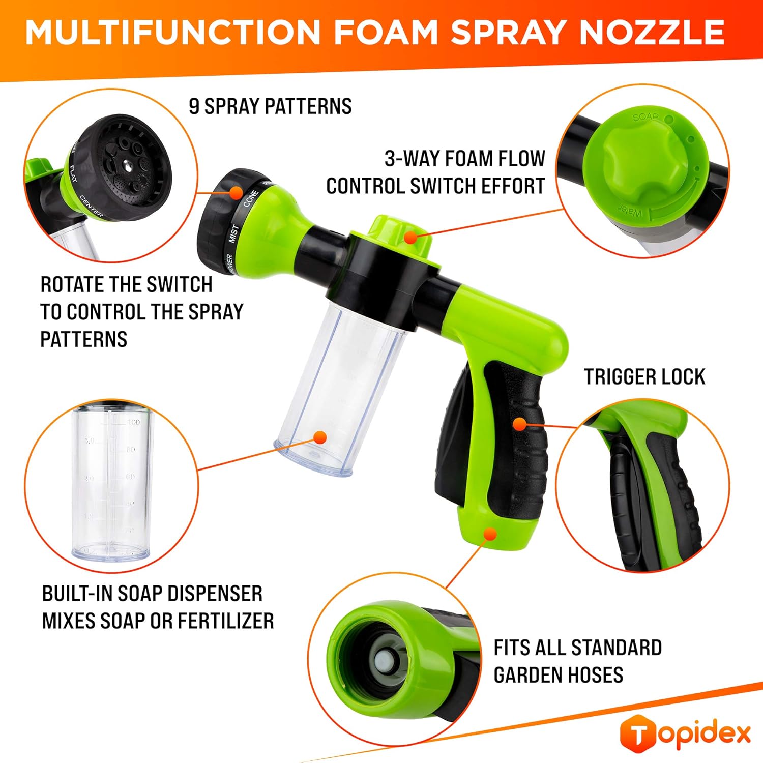 Topidex Car Wash Kit, Expandable Garden Hose 50 FT - with High Pressure Spray Nozzle – Durable Soap Dispensing Sprayer Gun - 9 Spray + 3 Foam Spraying Patterns with Storage Bag, Hanger & Wash Mitt : Home Improvement