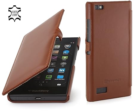 StilGut Book Type Case mit Clip, Hülle Leder-Tasche für BlackBerry Leap. Seitlich klappbares Flip-Case aus Echtleder für Blac