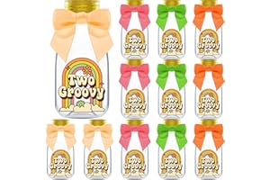 Ethisa 12 Pack Two Groovy Party Favors - DIY Candy Jars with Ribbons and Stickers - Funky Party Decoration Bottles for 2nd Birthday Bash for Baby Boy or Girl - Giftable Retro Hippie Table Centerpieces