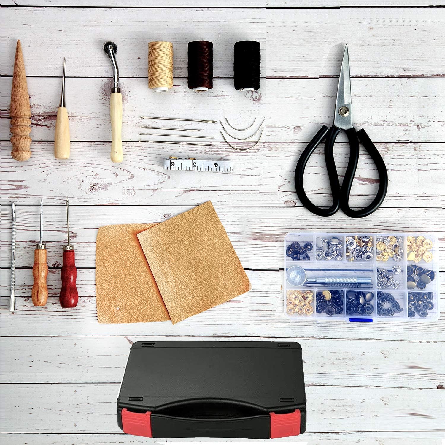 JOYPEA Leather Working Tools 195 PCS Leather Craft Stamping Tools with Cutting Mat Snaps and Rivets Kit Stitching Groover, Prong Punch for DIY Leather Craft