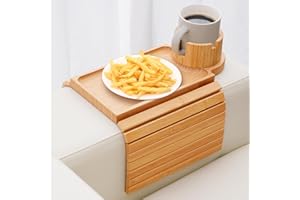 SINWANT Couch Cup Holder Tray,Large Bamboo Couch Armrest Table with Cup Holder,Foldable Anti-Slip Sofa Arm Tray for Coffee Cup,Water Bottles,Mug,Snacks,Remote