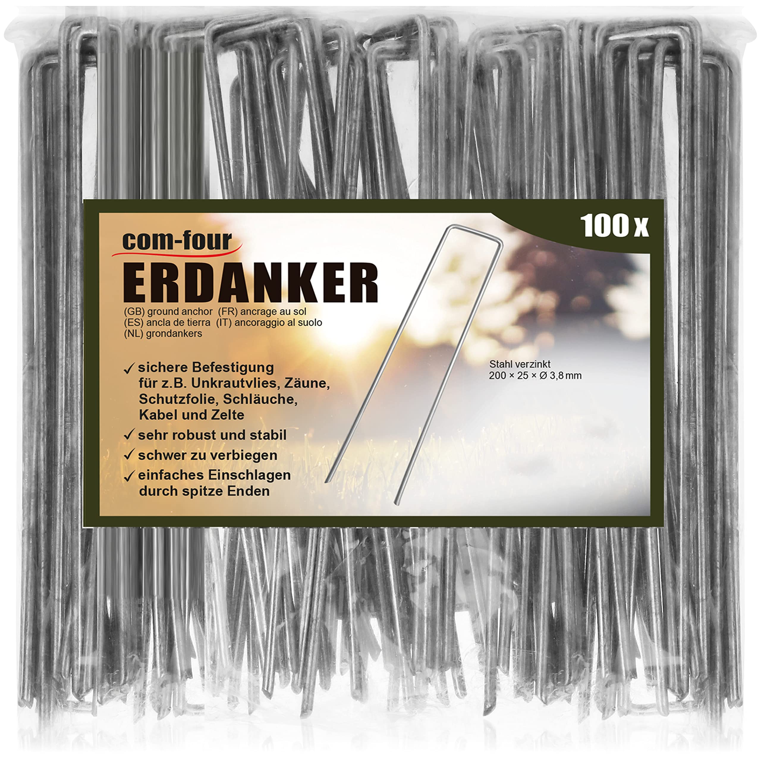 COM-FOUR® 100x ground anchors made of coated steel - robust ground pegs for fastening weed fleece and foils - ground anchors for garden and camping - angular (100 pieces - 200x25x3.8mm)