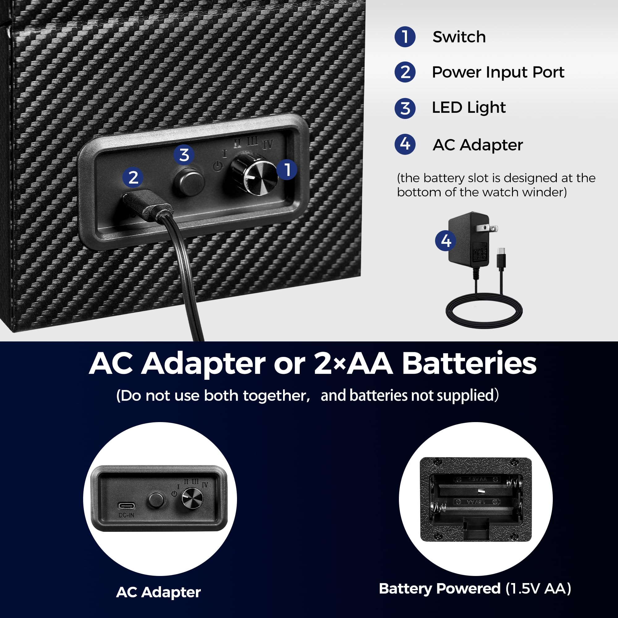 ANWBROAD ANWBROAD Watch Winder for Automatic Watches, 4 Modes Double Automatic Watch Winder box with LED Crystal Design, Rotating Watch Case with Super Quiet Motor with Type-C Adapter