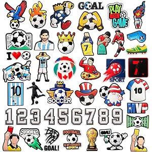 46PCS Soccer Shoe Charms for Clogs, Football Shoe Accessories PVC Shoe Decorations for Soccer Party Favors Birthday Gifts
