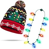 JOYIN 2 Pcs Christmas Hat with Light-up Necklace (12 Bulbs), Knitted Beanie Hat for Xmas, Winter Party Favor