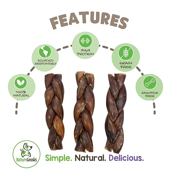 NATURE GNAWS BRAIDED BEEF CHEWS FOR DOGS 5-6″ (3 COUNT) – LONG LASTING FOR SMALL AND MEDIUM DOGS – NATURAL BEEF GULLET JERKY DOG CHEW TREATS