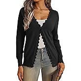 VERABENDI Womens Cardigans Lightweight Long Sleeve V Neck Button Down Cute Scalloped Edges Cardigan Sweaters for Women