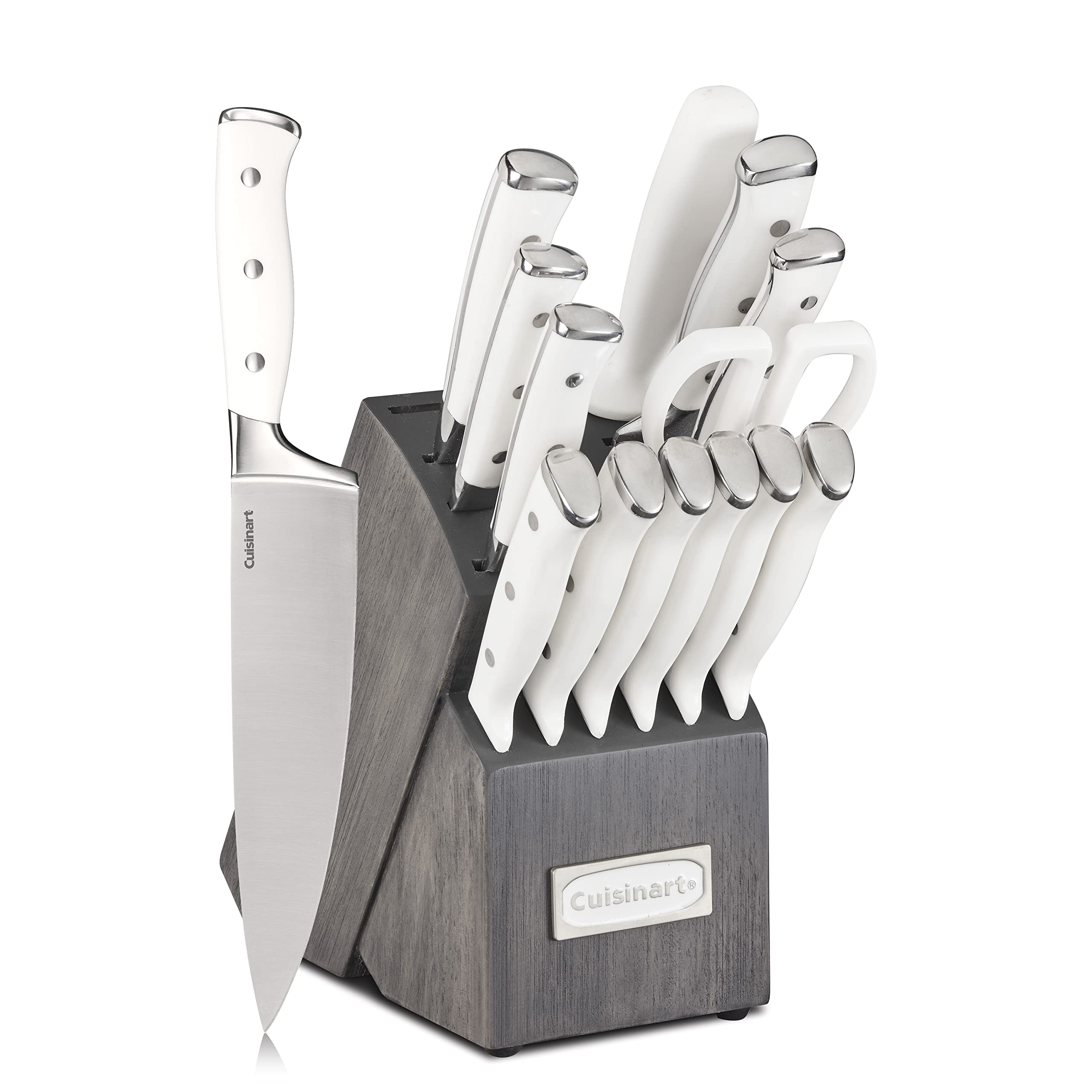 Cuisinart 15-Piece Knife Set with Block, High Carbon Stainless Steel, Forged Triple Rivet, White/Charcoal Gray C77WTR-15PCG Image