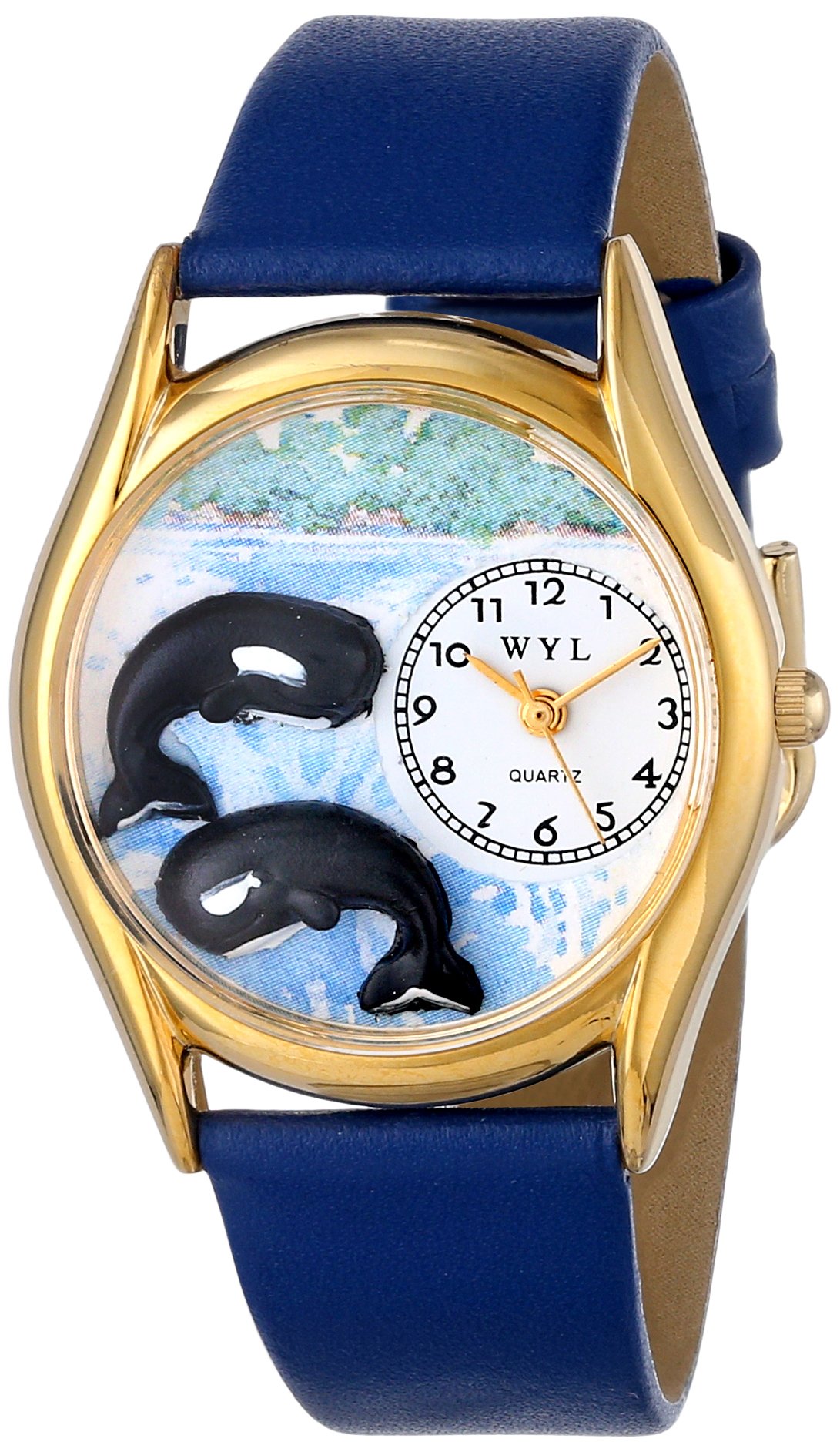 Whimsical Watches Whales Royal Blue Leather and Goldtone Unisex Quartz Watch with White Dial Analogue Display and Multicolour Leather Strap C-0140001