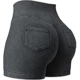 YEOREO Impact Biker Shorts for Women with Pockets Bridgie Cargo High Waist Seamless Faux Denim Workout Gym Shorts