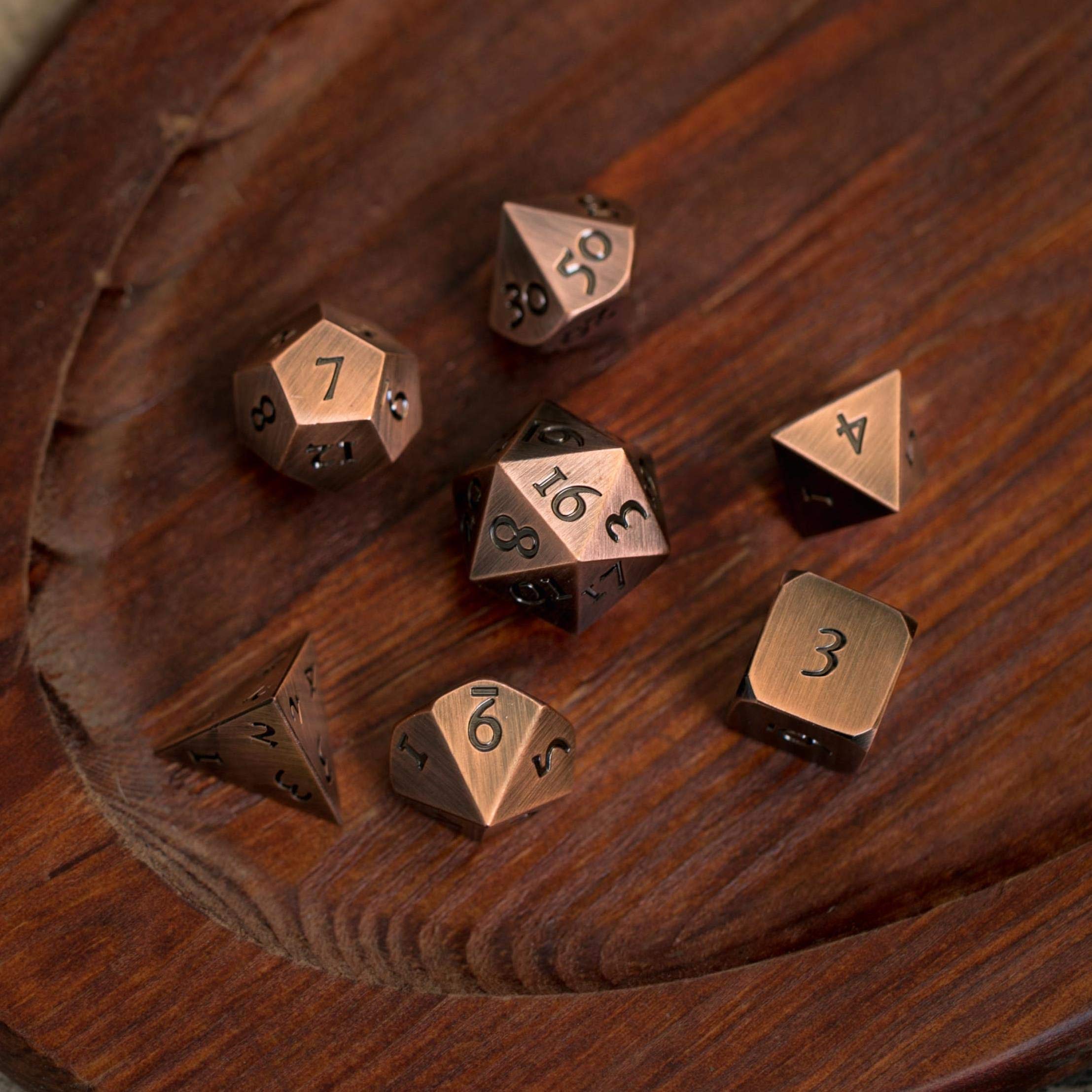 Table Breakers Copper Bronze - Extra Large Solid Metal Polyhedral Dice Set with Dice Box and Dice Tr