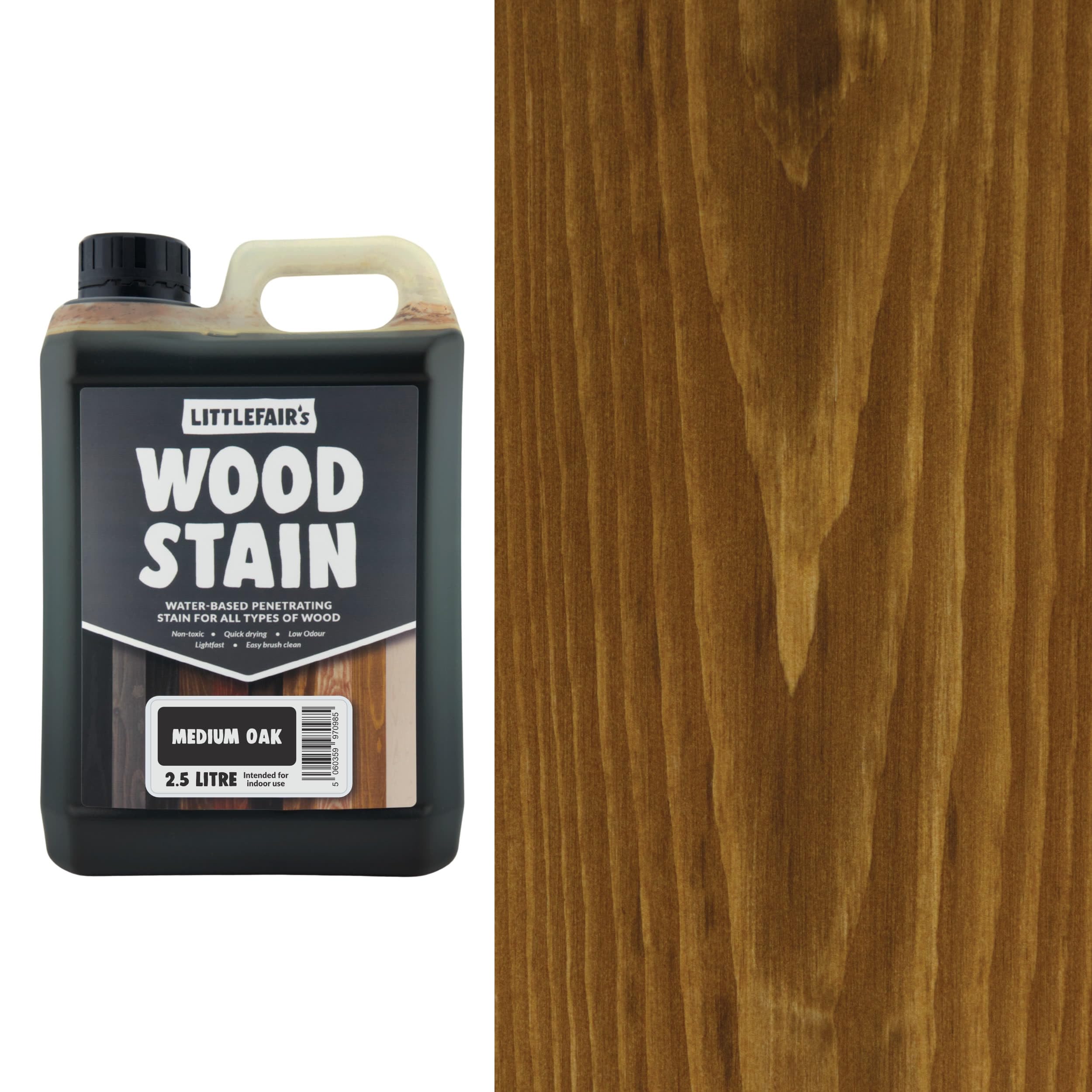 Littlefair's Wood Stain Water Based - 2.5 LTR - Indoor Furniture Stain Light & Dark Finishes - Special Non Toxic & Eco Friendly Formula - Wood Stain for Crafts - Colour: Medium Oak