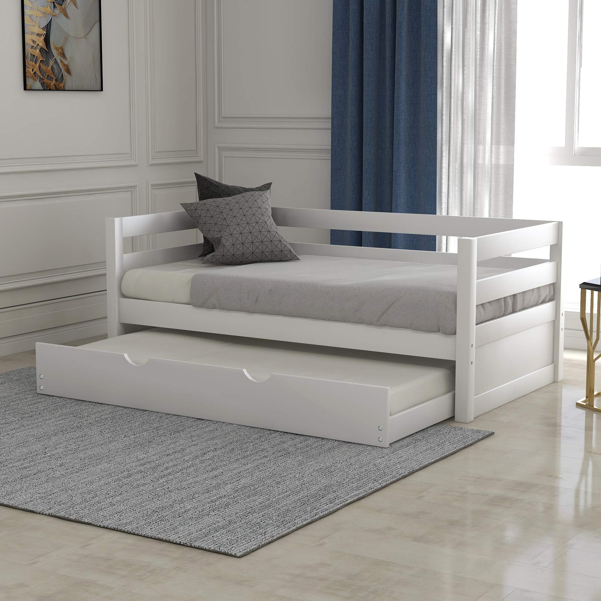 FLIEKS Solid Wood Frame Twin Daybed with Pull Out Trundle, Captains Bed Twin Bed Frame for Kids, White