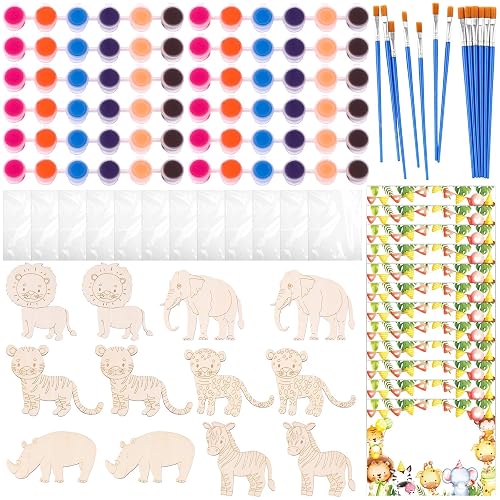 12 Sets Wooden Craft Kits for Kids Painting Set-12 Toys Cutouts,12 Jungle Theme Cards,12 Painting Kits,DIY Birthday for Girls Boys Prizes End of Term for Children