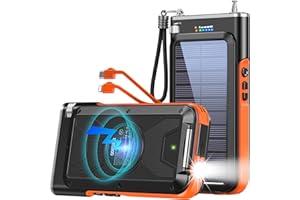 GOODaaa Solar Power Bank, 45800mAh Wireless Portable Charger Built-in Cables,15W Fast Charging Solar Charger, USB C in&Out and USB A Battery Pack for Outdoor with Radio,Flashlight
