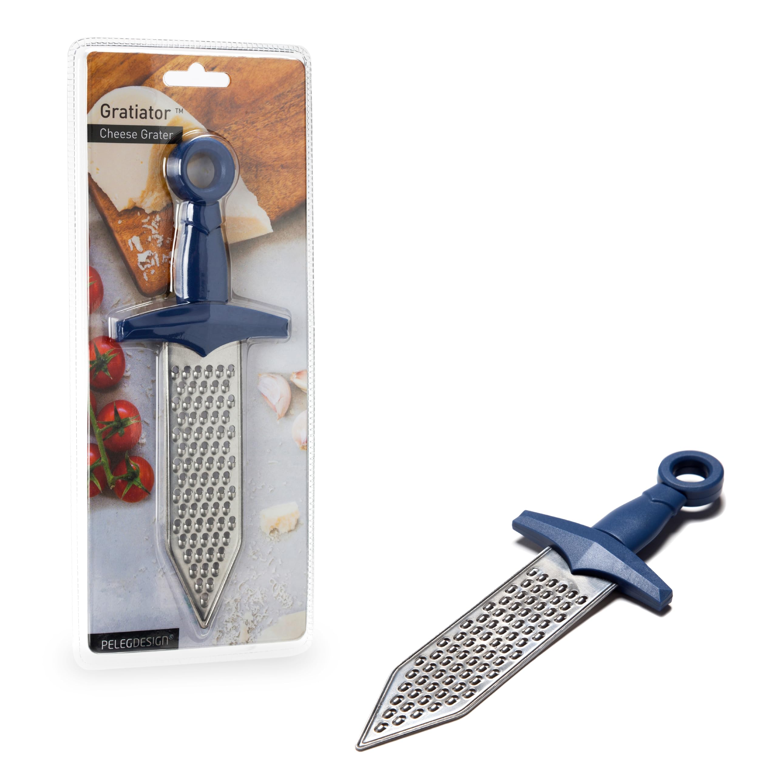 Peleg Design Gratiator – Kleine Käsereibe im Schwertdesign – Edelstahl Reibe für Parmesan, Muskatnuss, Ingwer und Gemüse – Zitronenreibe mit Zestenreißer und robustem Kunststoffgriff