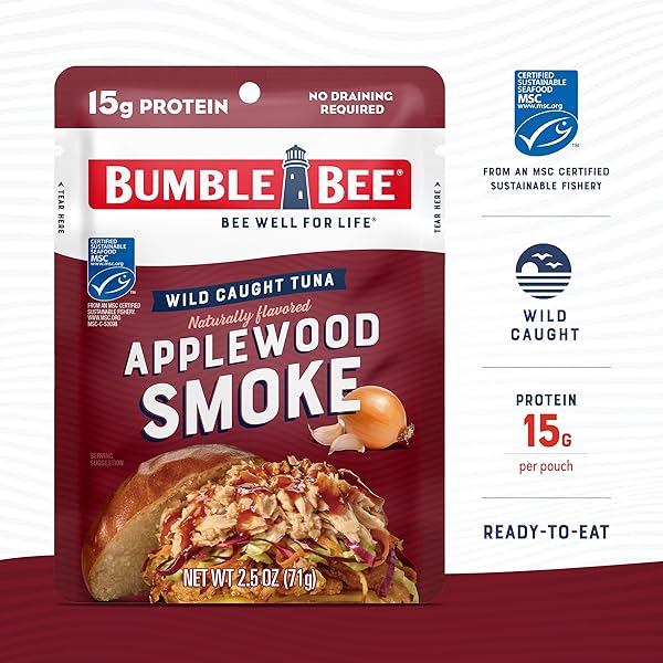 BUMBLE BEE APPLEWOOD SMOKE SEASONED TUNA, 2.5 OZ POUCH – READY TO EAT – WILD CAUGHT TUNA PACKET – 15G PROTEIN PER SERVING – GLUTEN FREE
